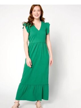 AnyBody Green Maxi Dress with V-Neck and Ruffle Sleeves